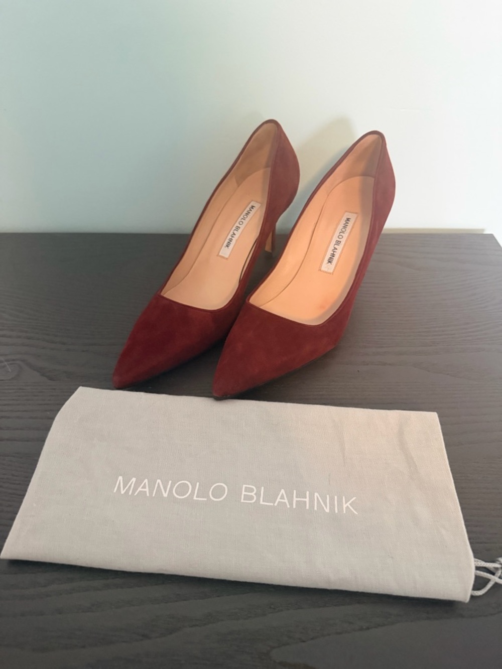 Manolo Blahnik Burgundy Suede Pointed-Toe Pumps
